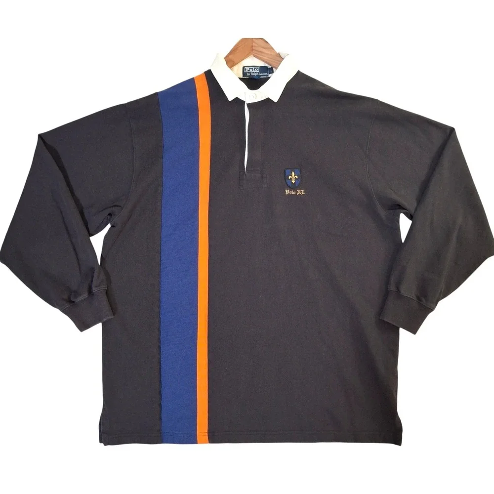 Vtg Polo Ralph Lauren Long Sleeve Rugby Shirt Mens L  Brown Striped Preppy Crest